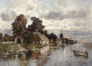 Karl Heffner - A Dutch waterway at dusk