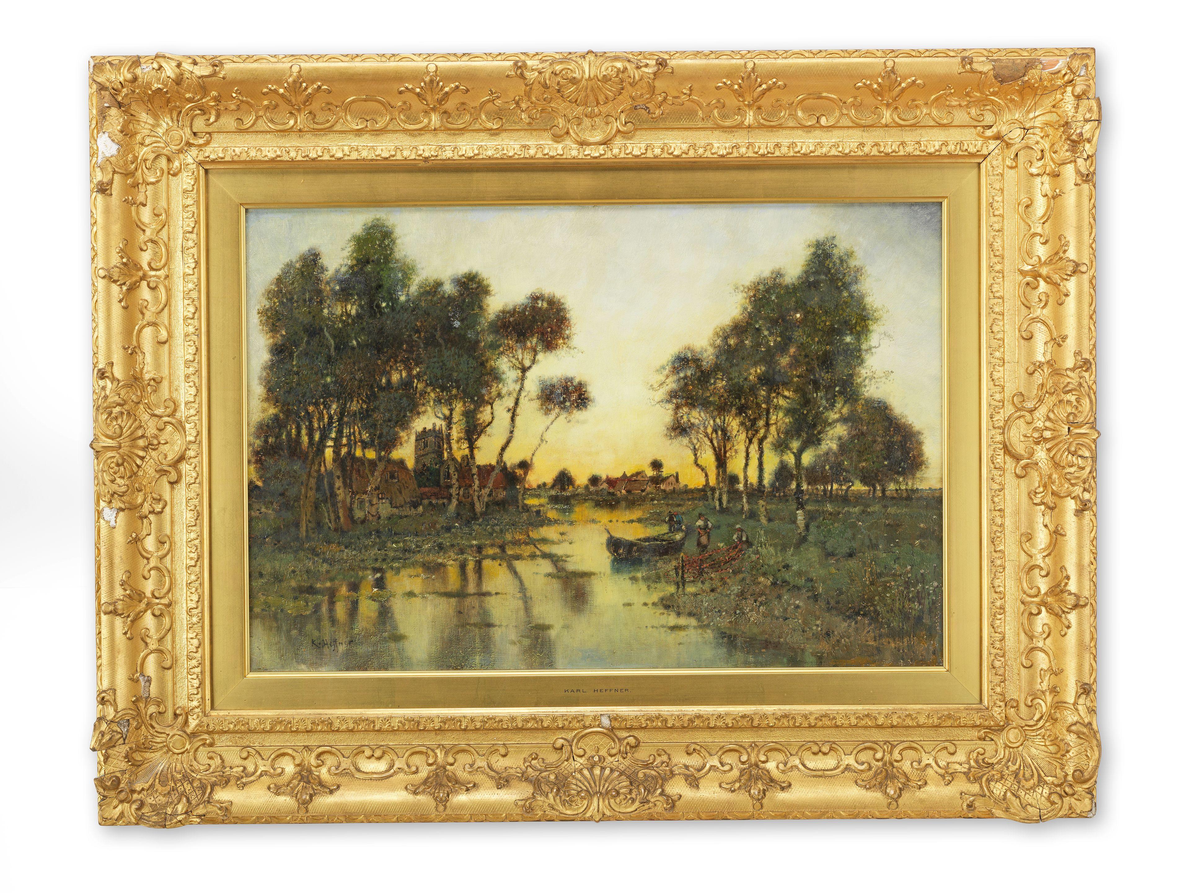 Karl Heffner - Evening Light A Church And Homestead In A Wooded River Landscape At Sunset,