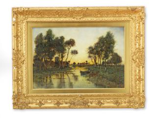 Karl Heffner - Evening Light A Church And Homestead In A Wooded River Landscape At Sunset,