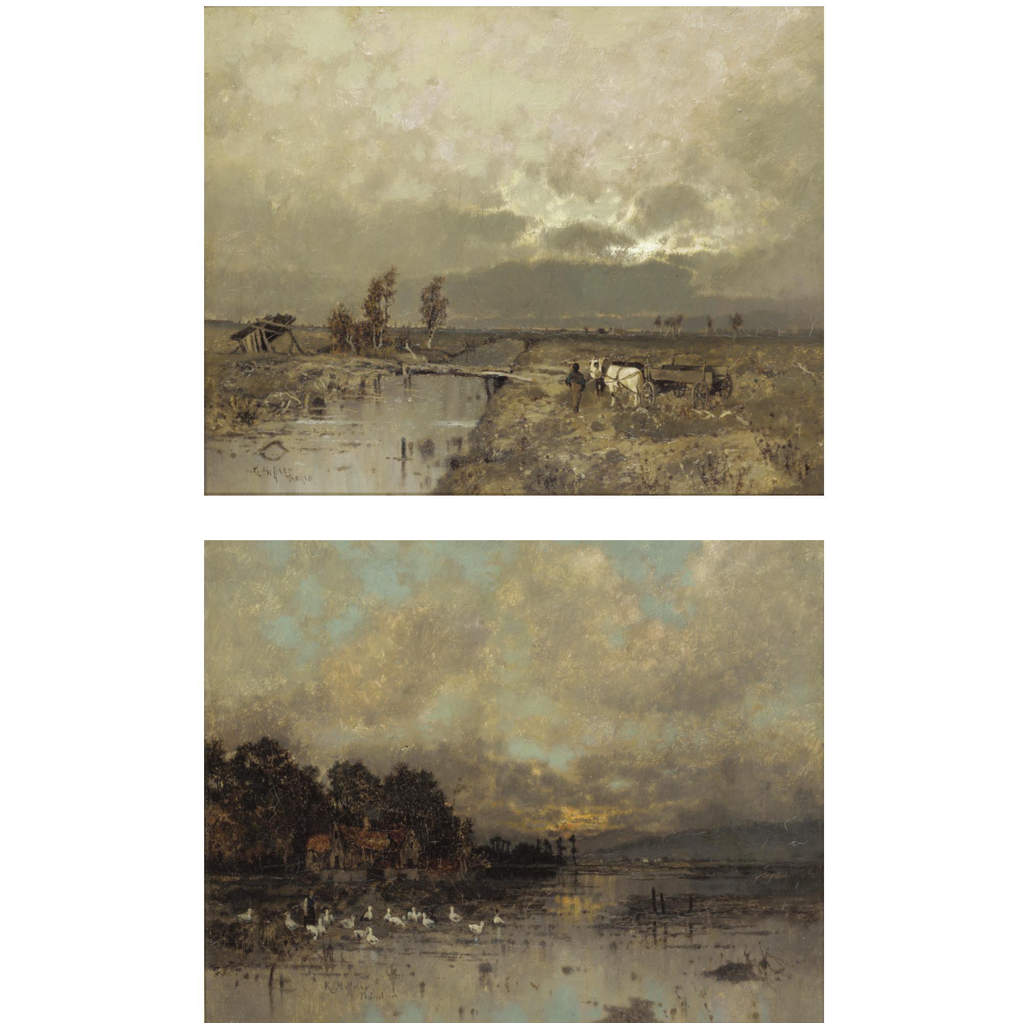 Karl Heffner - Horse And Cart In A River Landscape; Cottage With Geese At Sunset