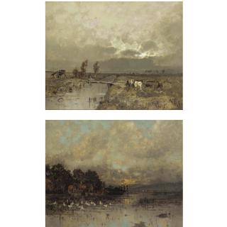 Karl Heffner - Horse And Cart In A River Landscape; Cottage With Geese At Sunset