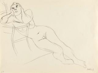 Karl Hubbuch - Liegender weiblicher Akt mit Stuhl.