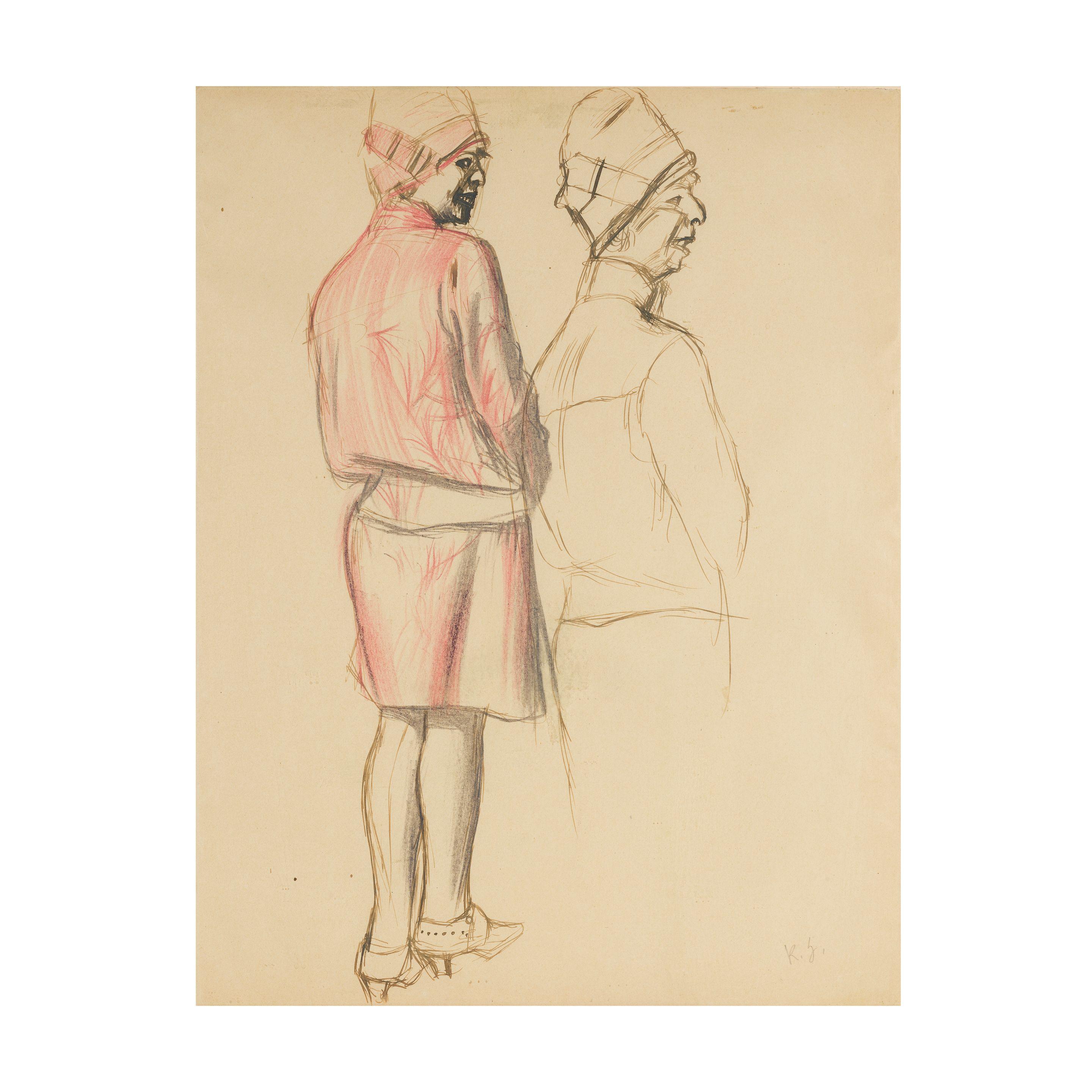 Karl Hubbuch - Zwei Studien einer stehenden Frau in Rückenansicht