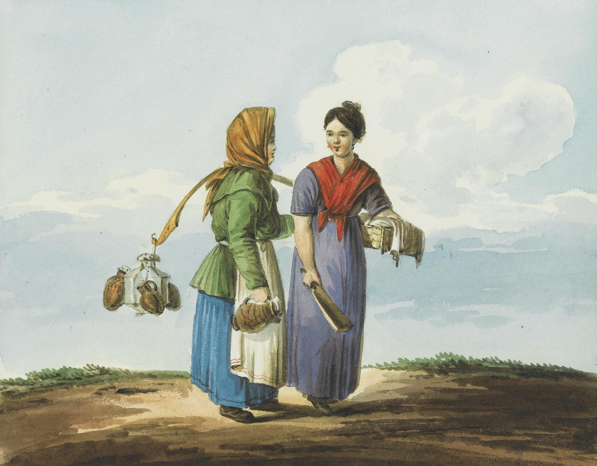 Karl Ivanovich Kollman - Four Genre Portraits Comprising: A Watercarrier And A Washerwoman; Two Peasant Women In Conversation; Two Young Street Vendors; Two Young Street Vendors With Brushes And Buckets