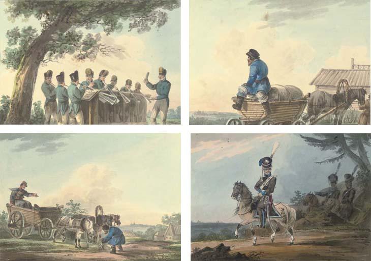 Karl Ivanovich Kollmann - A military band; A peasant seated on a cart; Three Hussars; Refreshment for the horses