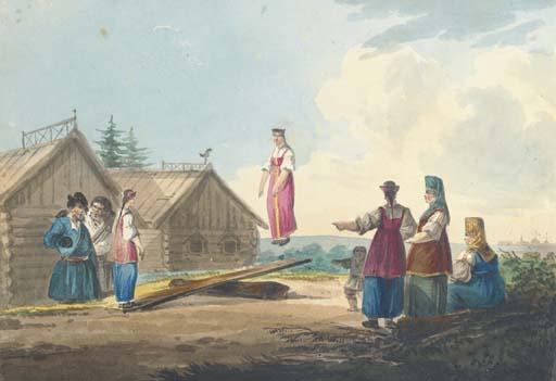 Karl Ivanovich Kollmann - Peasant Girls Playing On A See-Saw; And Journey To Market