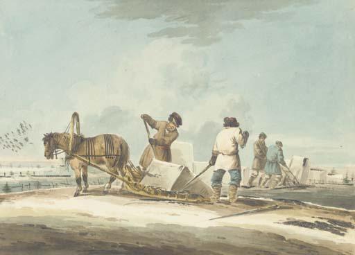 Karl Ivanovich Kollmann - Un paysage avec deux russes déchargant un bloc de glace d\'un traineau,  deux autres chariant des blocs de glace
