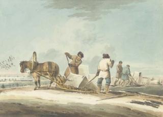 Karl Ivanovich Kollmann - Un paysage avec deux russes déchargant un bloc de glace d\'un traineau,  deux autres chariant des blocs de glace
