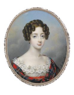 Karl Josef Raabe - A young lady, in white muslin dress with two layers of valenciennes lace bordering the square neckline, red crochet sash, tartan wool shawl, gilt pendant earring
