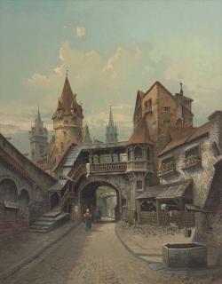 Karl Kaufmann - Figures ambling down a Continental street