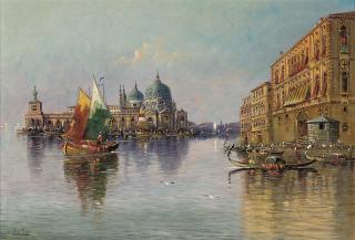Karl Kaufmann - Gondolas and trading vessels at the entrance of the Grand Canal