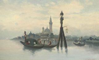 Karl Kaufmann - Gondolas moored before Venice