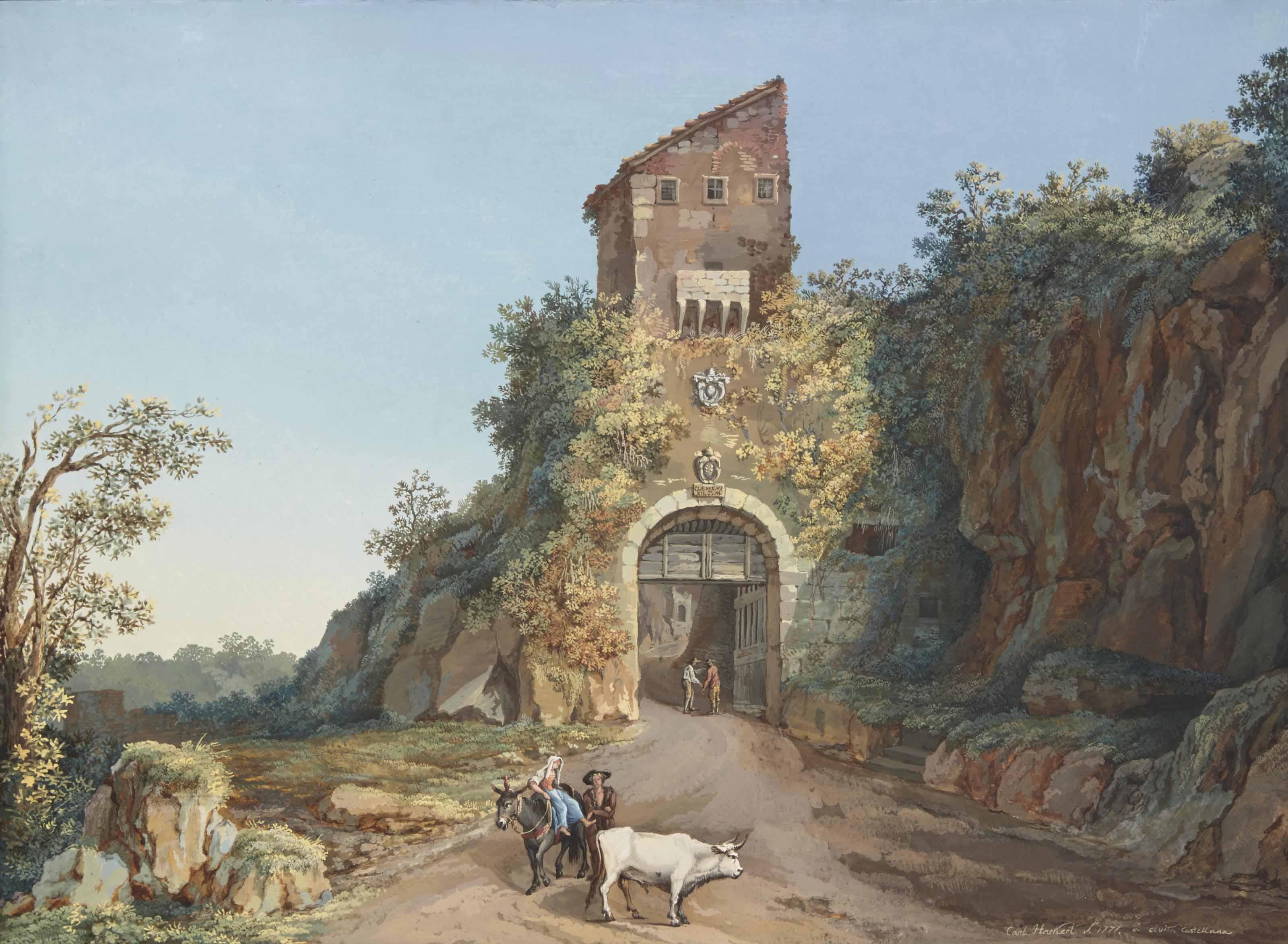 Karl Ludwig Hackert - The road at Cività Castellana with a couple and animals in the foreground