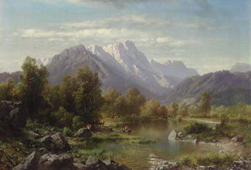 Karl Millner - Mountain Landscape with Cattle Watering by a Lake
