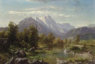 Karl Millner - Mountain Landscape with Cattle Watering by a Lake