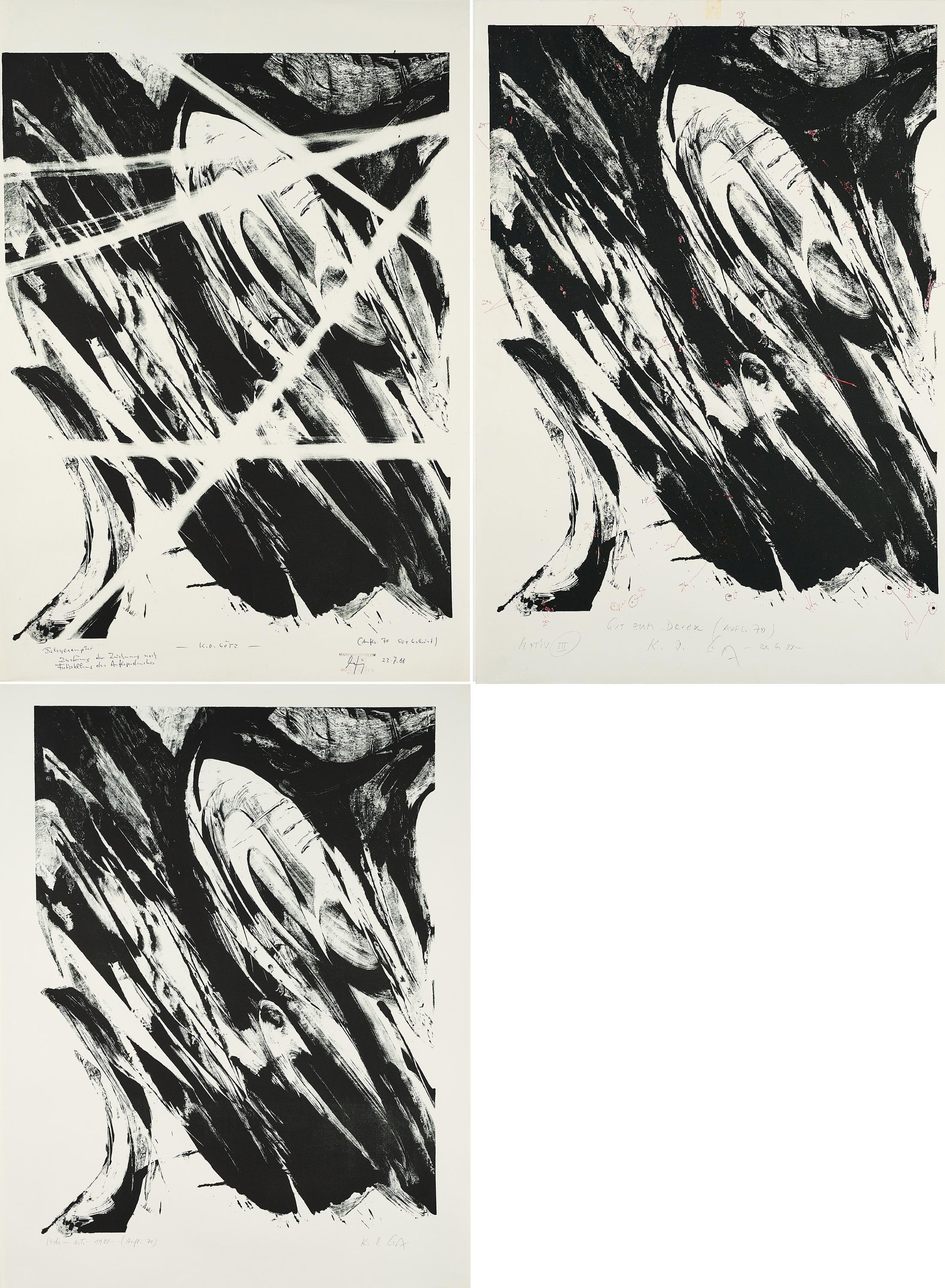 Karl Otto Götz - Konvolut von 3 Probedrucken zu einer Lithografie.