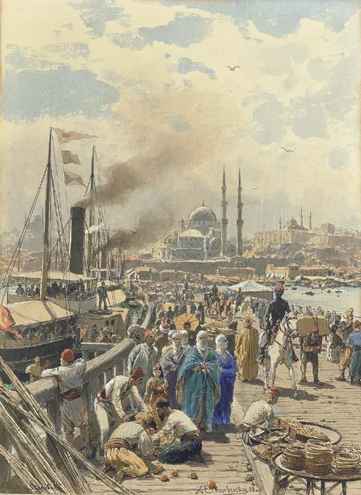 Karl Paul Themistocles von Eckenbrecher - The old Galatea Bridge connecting Karakoy to Eminonu over the Golden Horn, Istanbul