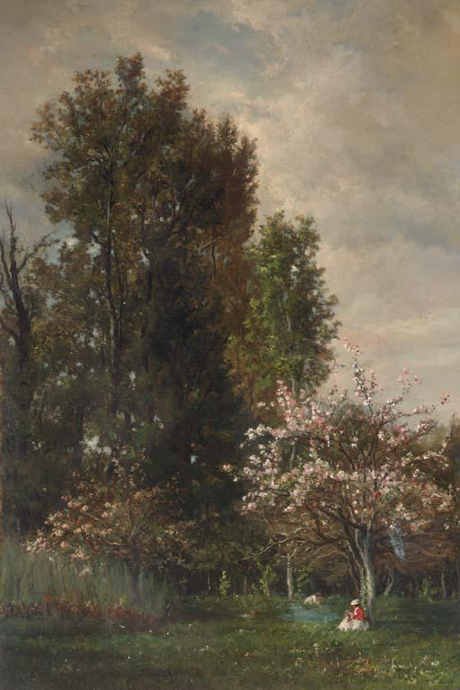 Karl-Pierre Daubigny - A Figure seated beneath a Cherry Tree