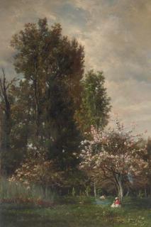 Karl-Pierre Daubigny - A Figure seated beneath a Cherry Tree
