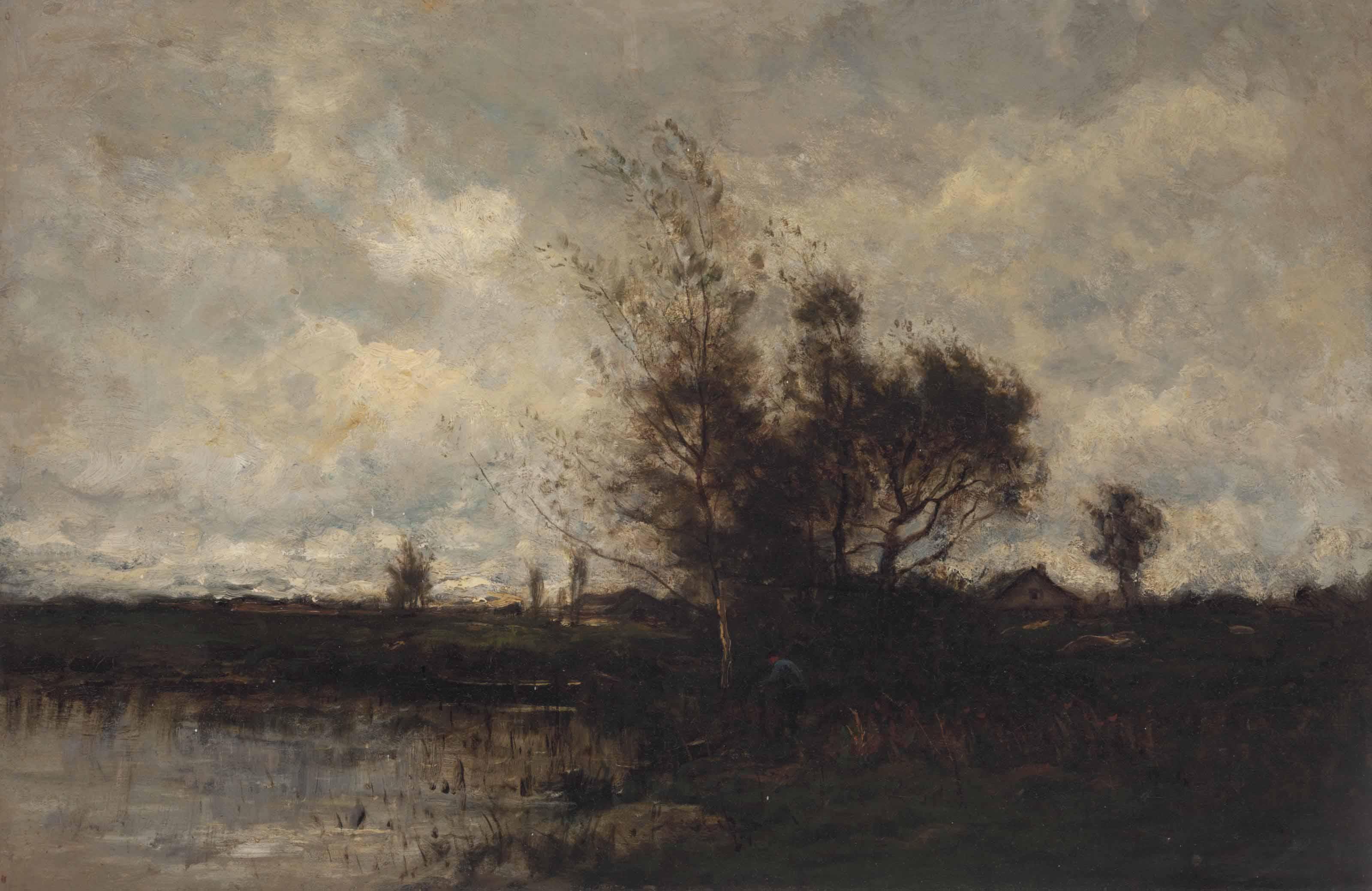 Karl Pierre Daubigny - Landscape with figure along water\'s edge