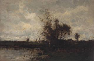 Karl Pierre Daubigny - Landscape with figure along water\'s edge