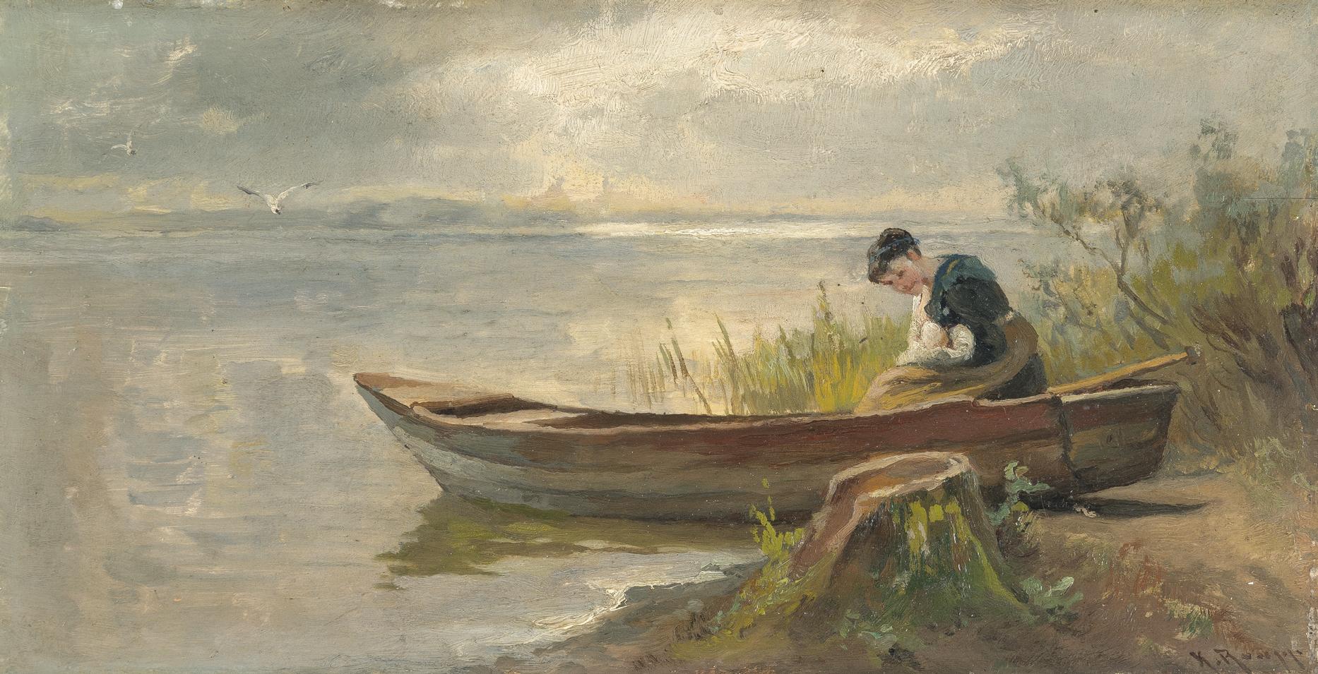 Karl Raupp - Stillende Frau in einem Kahn am Chiemseeufer