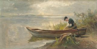 Karl Raupp - Stillende Frau in einem Kahn am Chiemseeufer