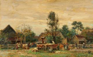 Karl Stuhlmüller - Viehmarkt am Rande des Dorfes.