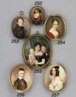 Karl Von Saar - A young boy, facing right in olive-green coat, red, green and brown checked waistcoat, white shirt and white spotted bright blue tie, short fair hair; cloud and sky background