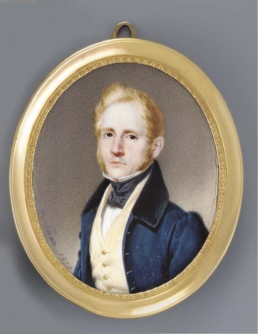 Karl Von Saar - A young gentleman, facing left in blue coat with black collar, yellow waistcoat with gold buttons, white shirt and black cravat