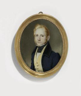 Karl Von Saar - A young gentleman, in blue coat with black collar, ochre waistcoat with gold buttons, white shirt and black knotted cravat, fair hair and sideburns
