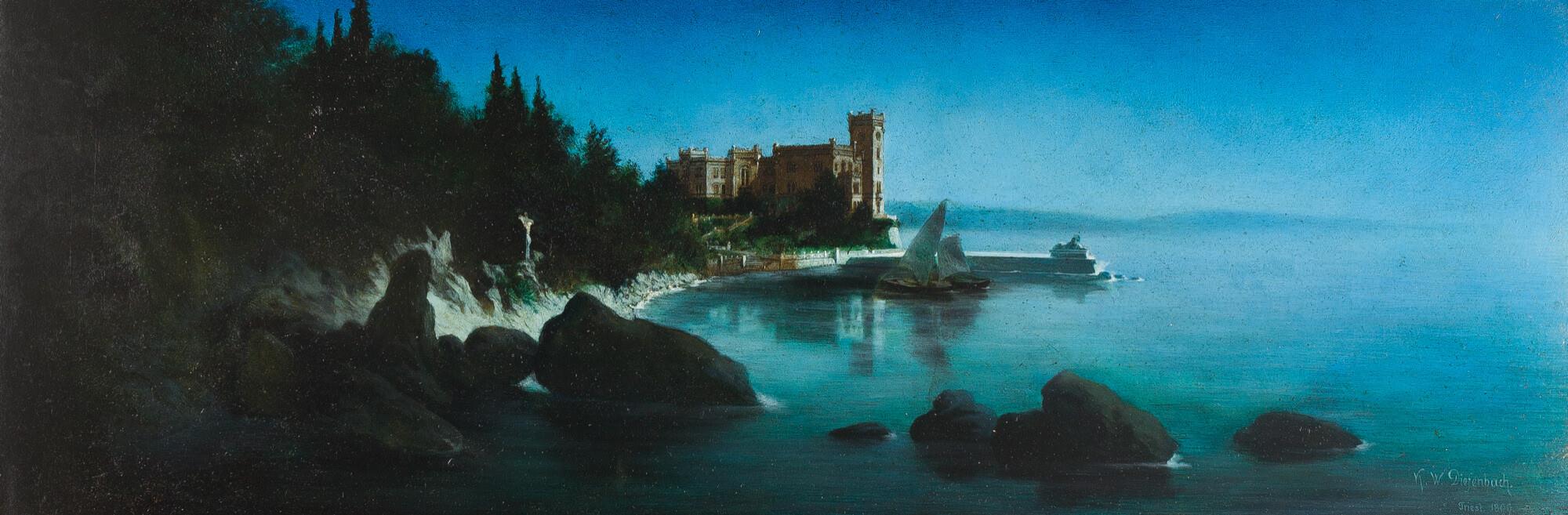 Karl Wilhelm Diefenbach - Blick auf die Adriaküste mit Schloss Miramar bei Triest.