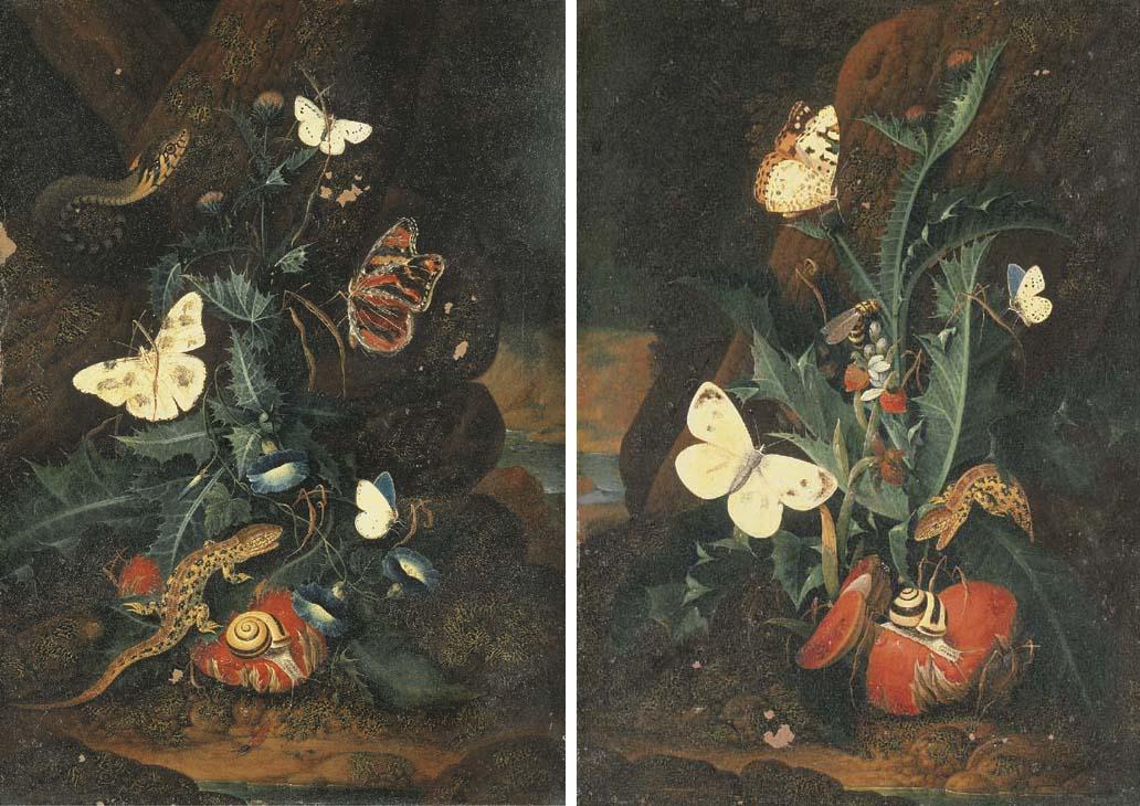 Karl Wilhem De Hamilton - Forest floor still lifes with a snake, butterflies, lizards, snails, thistle and convolvulus