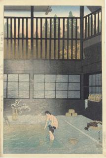 Kasamatsu Shiro - Onsen no asa, Shinshu Nozawa (Morning at the hotspring, Nozawa, Shinano Province), summer 1933  Ame no Shinbashi (Rain at Shinbashi), 1935.2  Hakone Ashinoko no Fuji (Fuji at Lake Ashino, Hakone), 1935.5