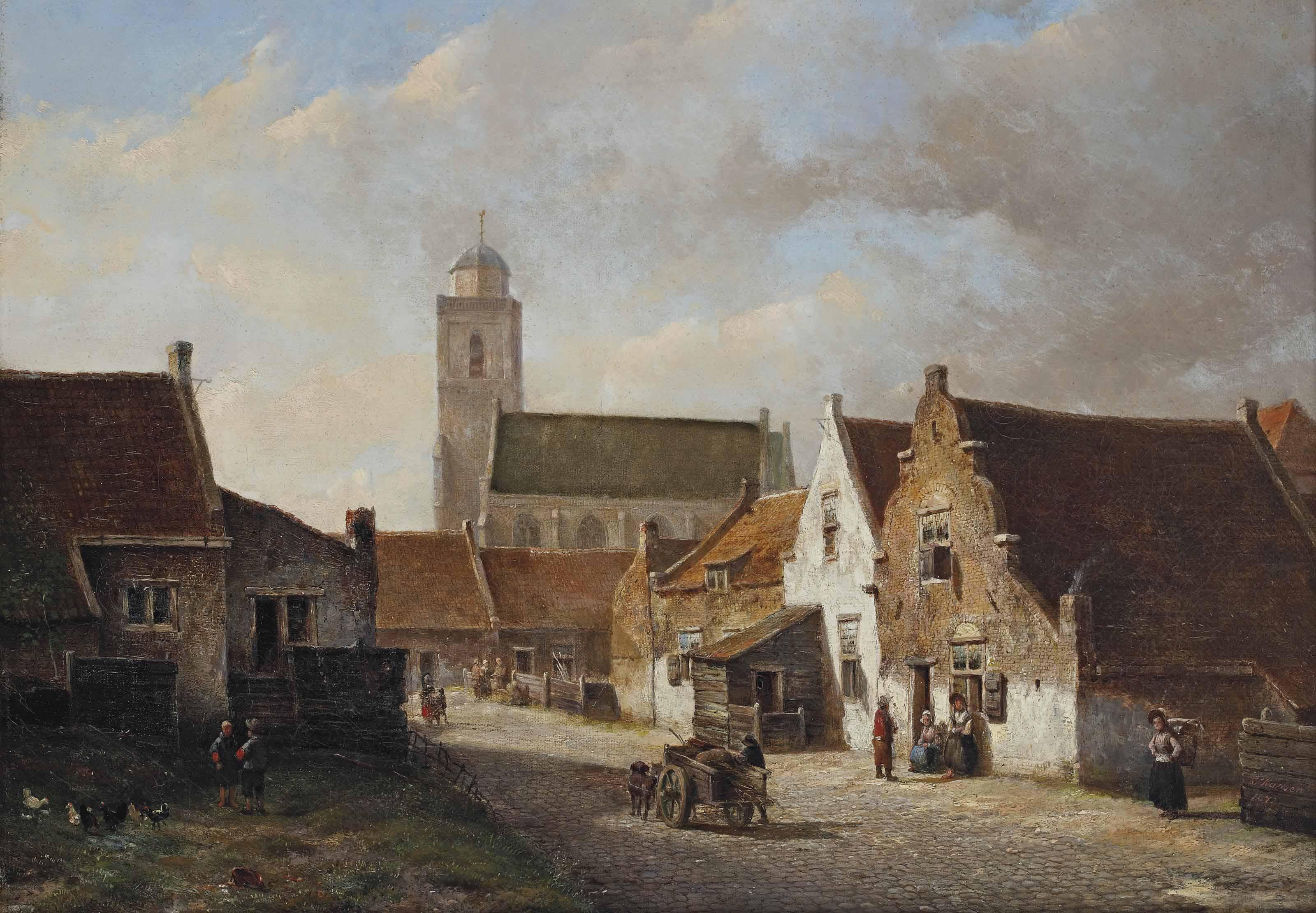 Kasparus Karsen - A view of the Kerksteeg with the Oude Kerk, Katwijk