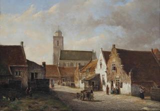 Kasparus Karsen - A view of the Kerksteeg with the Oude Kerk, Katwijk