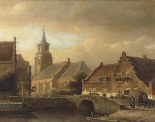 Kasparus Karsen - Figures crossing a bridge in a Dutch town