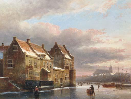 Kasparus Karsen - Figures On A Frozen City Canal At Dusk