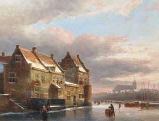 Kasparus Karsen - Figures On A Frozen City Canal At Dusk