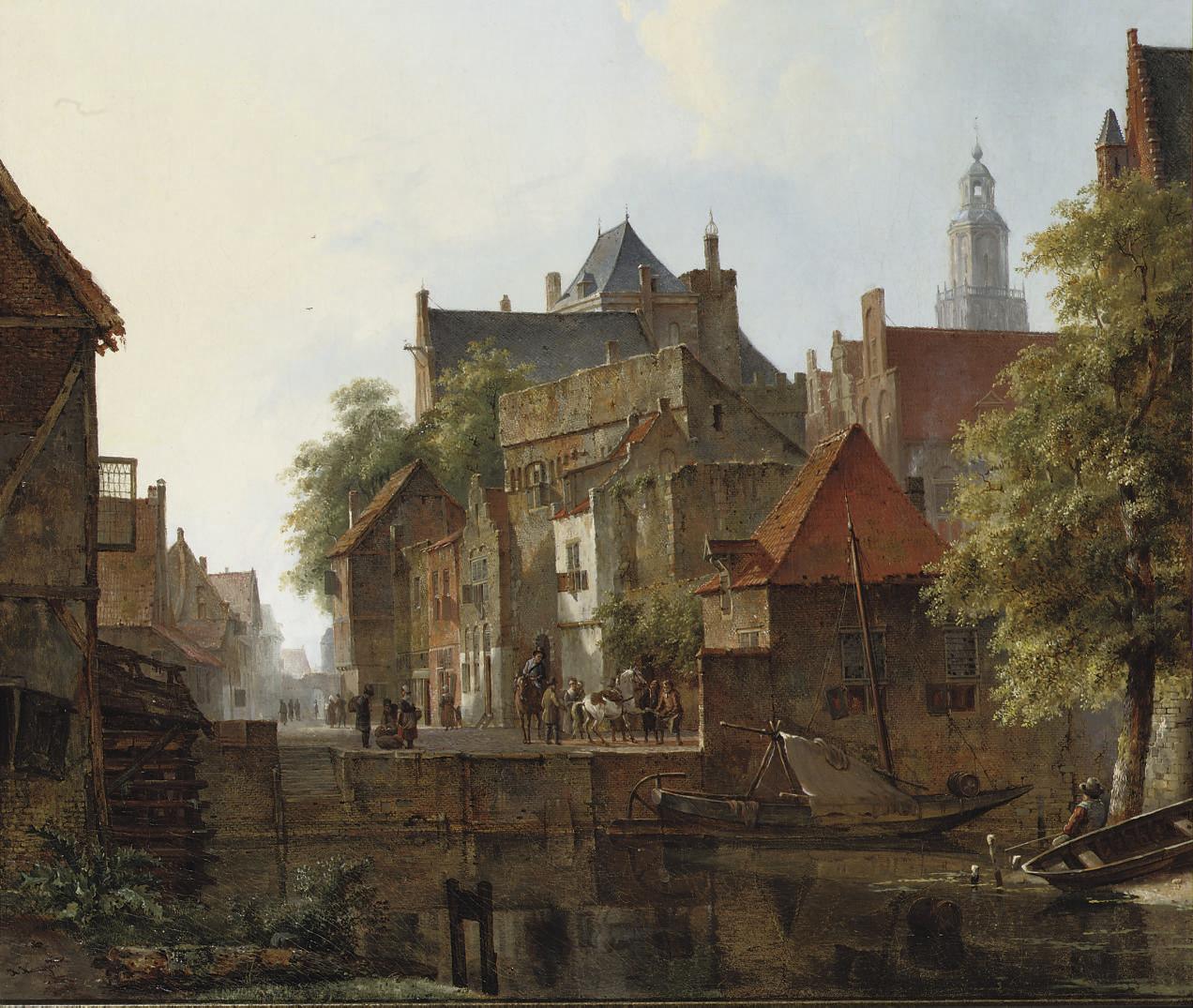 Kasparus Karsen - Horsemen on a quay in a Dutch town in summer