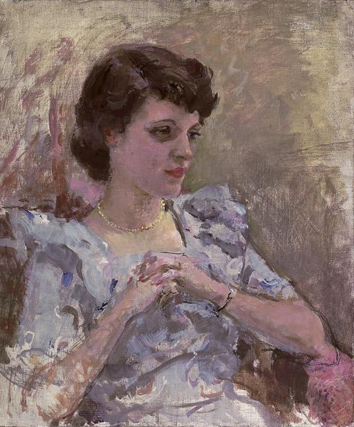 Kate Elizabeth Olver - Portrait of Joy, the artist\'s neice, seated half-length, in a lilac dress