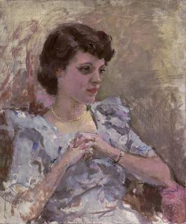 Kate Elizabeth Olver - Portrait of Joy, the artist\'s neice, seated half-length, in a lilac dress