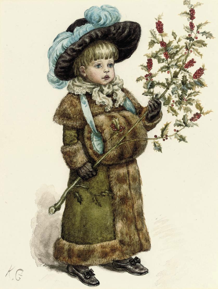 Kate Greenaway, R.I. - A young girl dressed up for Christmas, wearing a fur coat and muff and carrying a holly branch