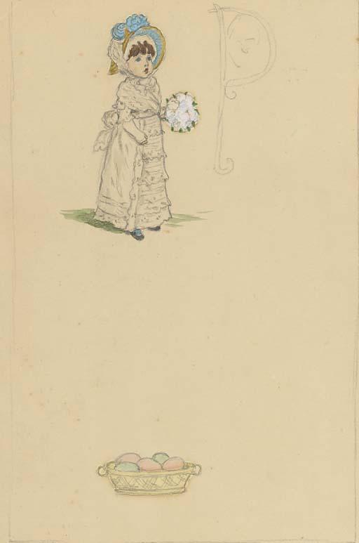 Kate Greenaway, R.I. - Study of a girl with a posy of flowers