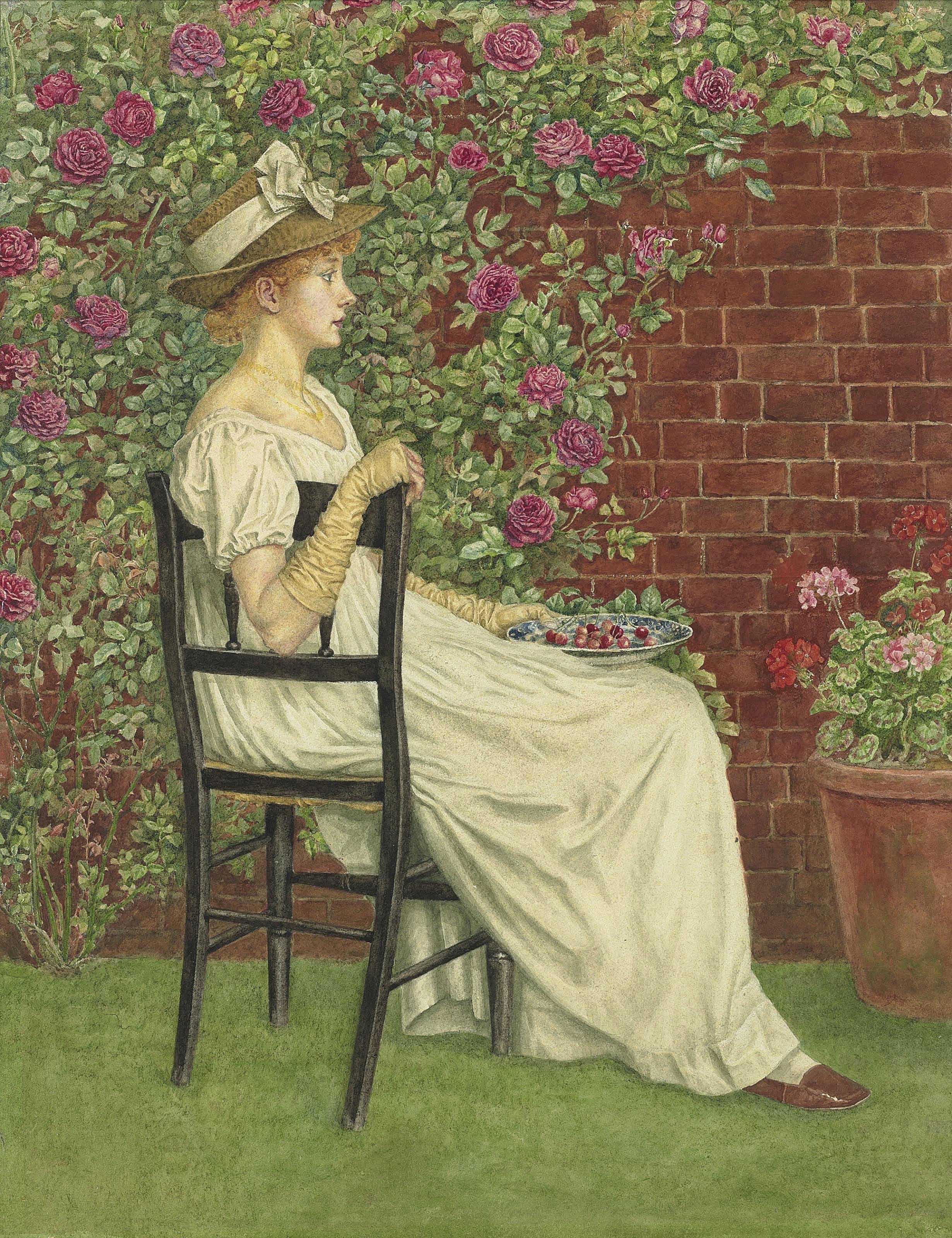 Kate Greenaway - A Young Girl Seated In A Chair Facing Right, Beneath A Bower Of Roses, A Bowl Of Cherries In Her Hand