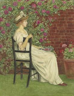 Kate Greenaway - A Young Girl Seated In A Chair Facing Right, Beneath A Bower Of Roses, A Bowl Of Cherries In Her Hand