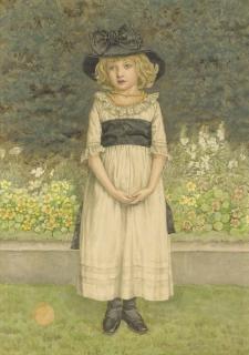 Kate Greenaway - Study of a young girl in a garden, a border of nasturtiums and other plants beyond