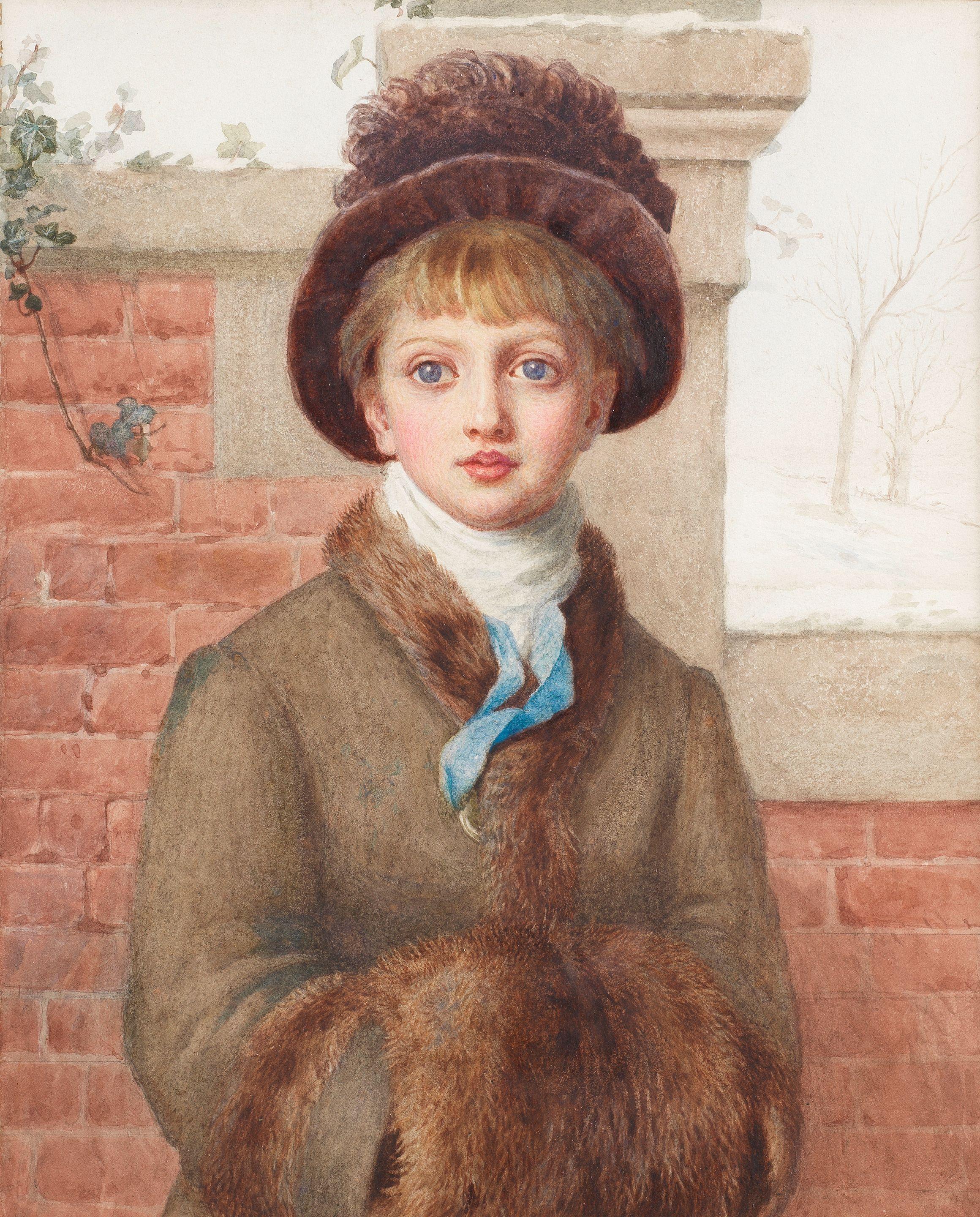 Kate Greenaway - Winter: A girl with a hat, fur trimmed coat, fur muff and a blue ribbon