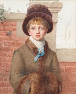 Kate Greenaway - Winter: A girl with a hat, fur trimmed coat, fur muff and a blue ribbon