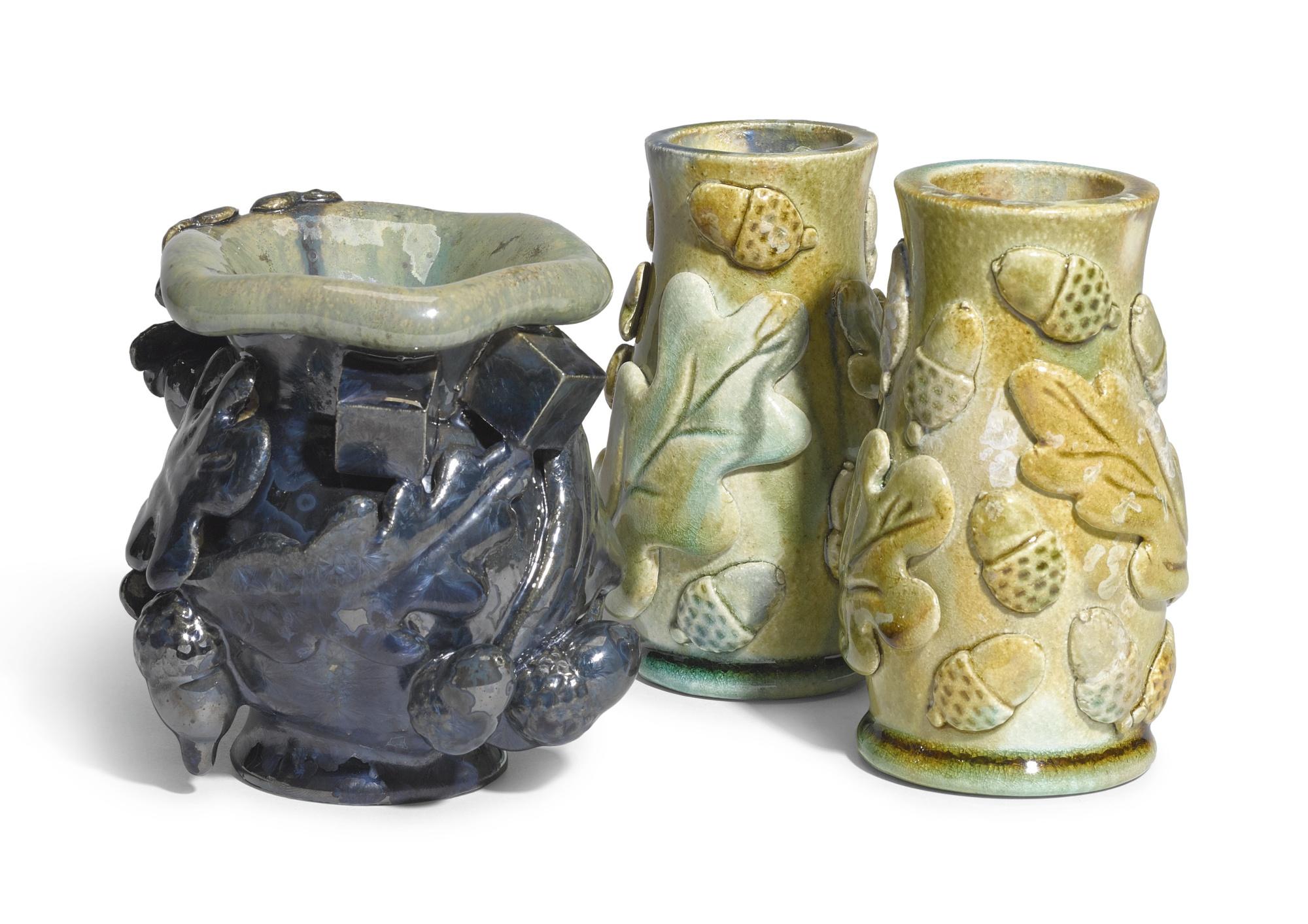 Kate Malone - Dark Baby Bud Oak Vase; Together With A Pair Of Acorn Vases Made As Studio Sketches Towards Larger Gallery Works [Three Pieces]